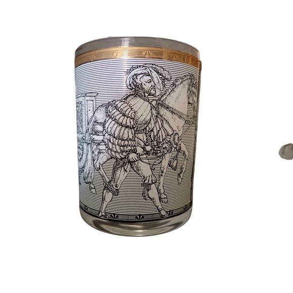 Vintage Cera 2 Camelot Gold Black White Knights and Horses Old Fashion Tumbler - Picture 4 of 9